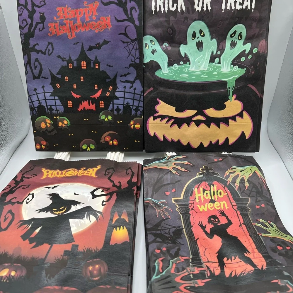 Halloween Treat Bag - Black & Orange Spooky Design 24 Pack/4 Designs